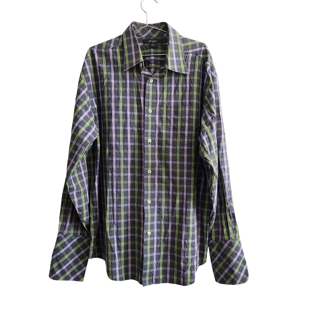 Sean John Button Down Shirt Mens XL Purple Green Plaid Y2K Streetwear Hip Hop